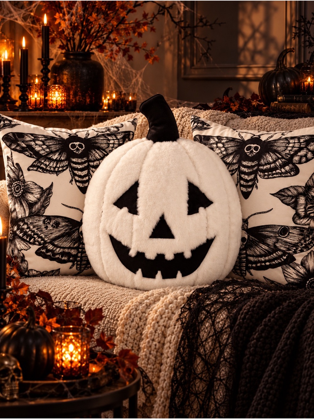 CUPCAKES & CASHMERE Plush White pumpkin pillow and two moth throw pillows